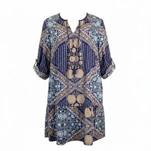 Roxy Womens S Blue Paisley Boho Tunic Dress Tassel Tie Roll Tab Sleeve